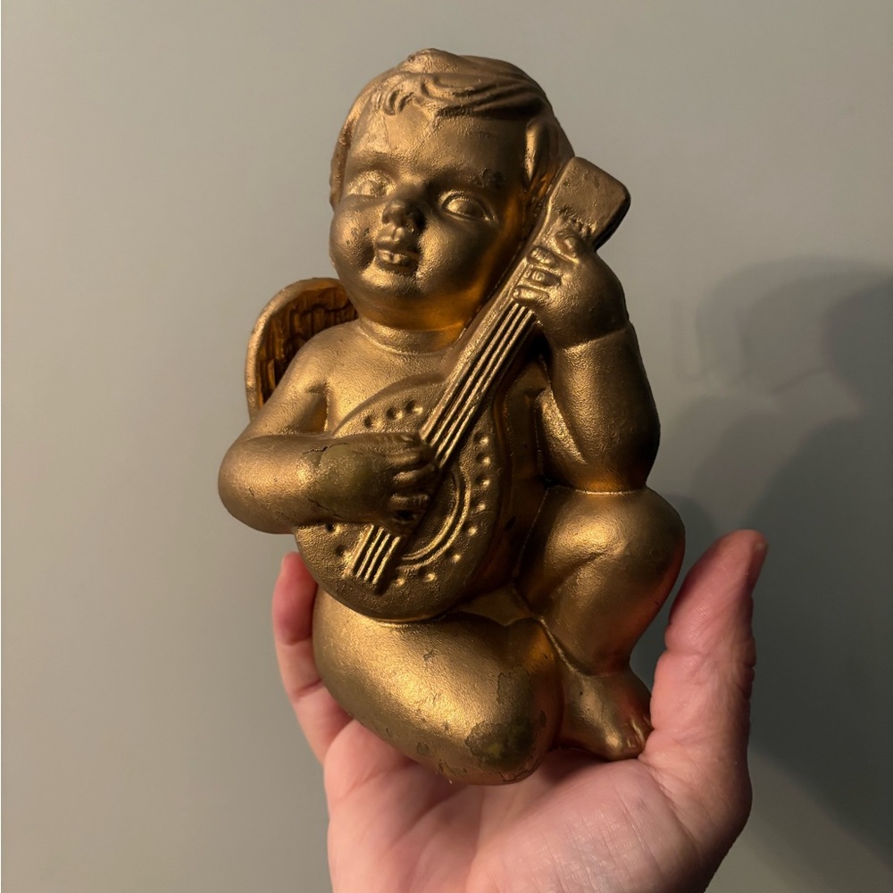 Vintage Christmas Antique Blow Mold plastic Gold Cherub Angel Figurine
